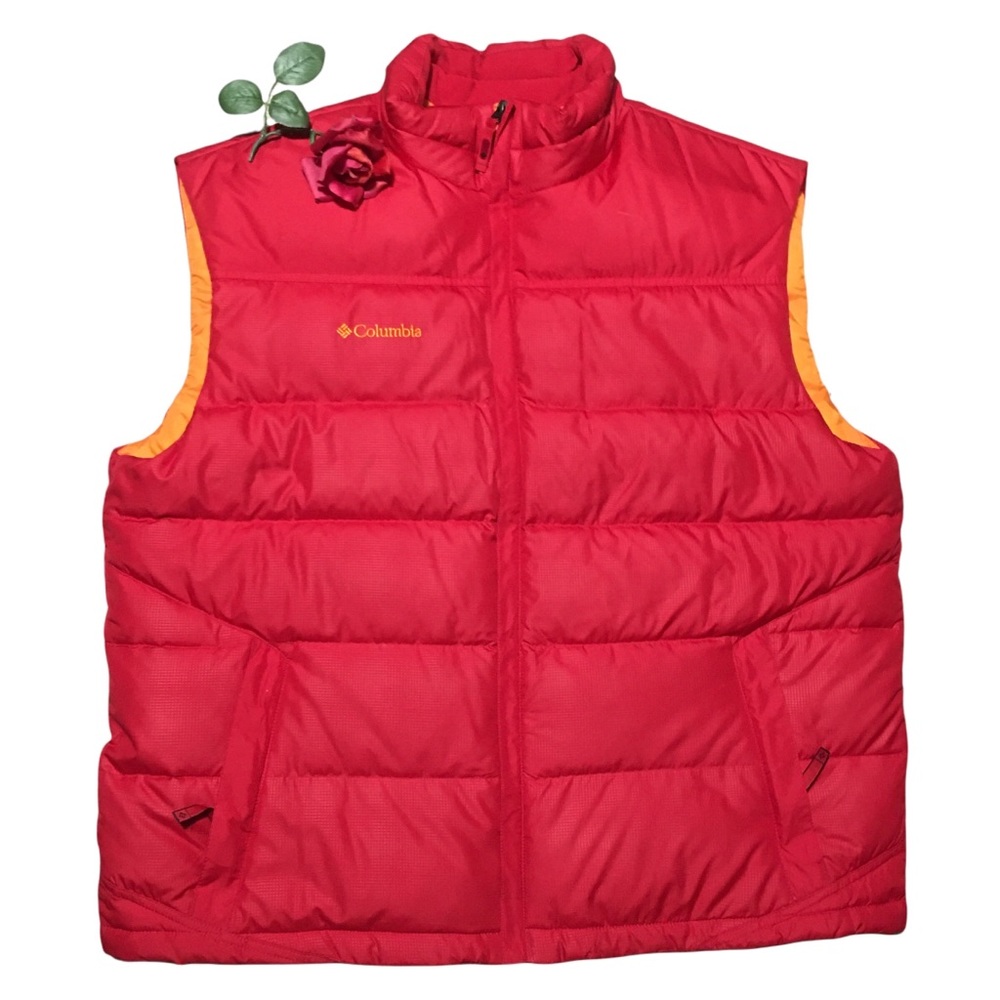 COLUMBIA NEW Down filled Puffer HiViz Vest NWOT red & neon orange XL